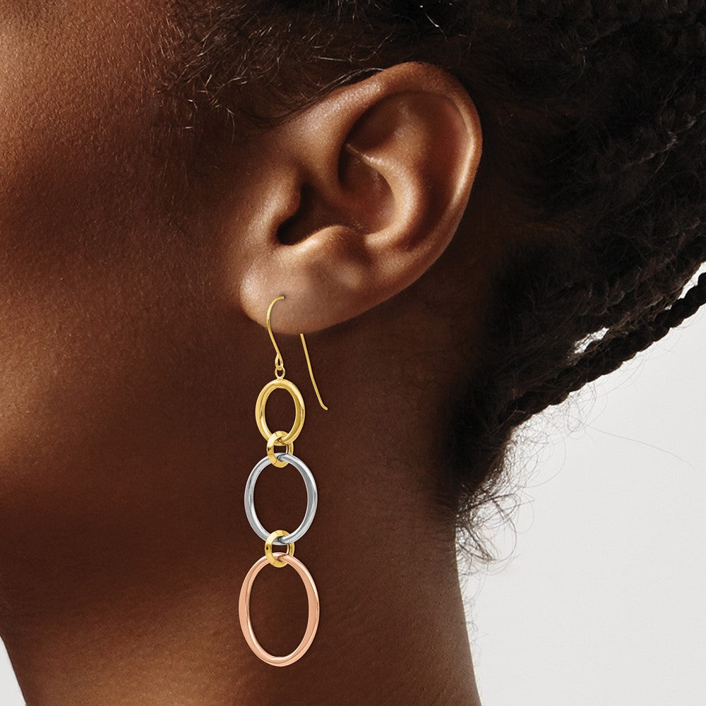 Tri-color Triple Circle Dangle Earrings in 14k White & Yellow & Rose Gold