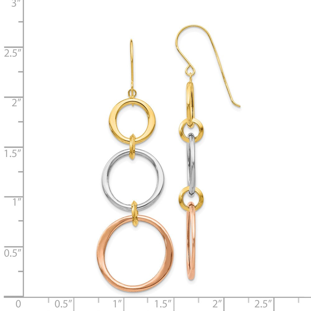 Tri-color Triple Circle Dangle Earrings in 14k White & Yellow & Rose Gold