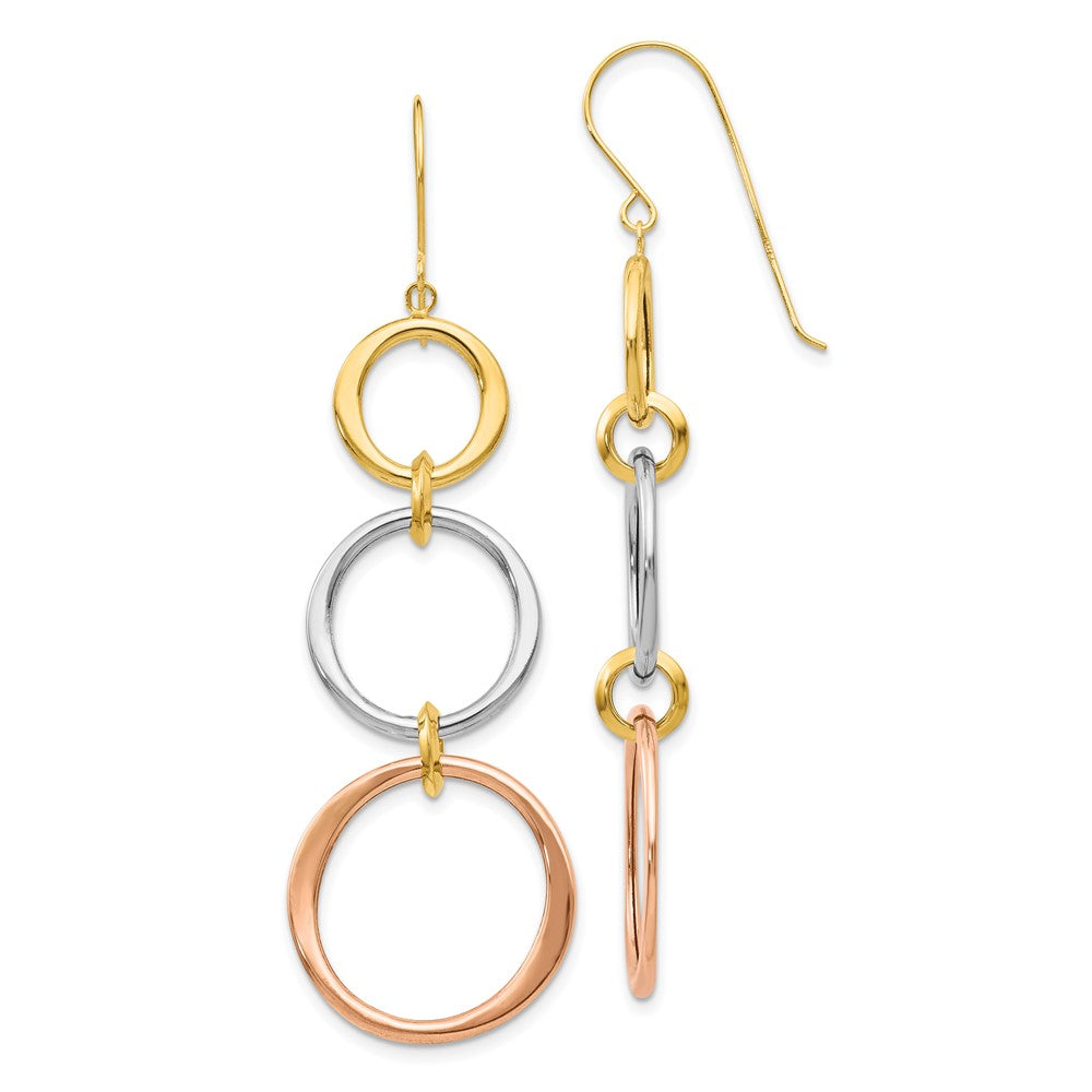 Tri-color Triple Circle Dangle Earrings in 14k White & Yellow & Rose Gold