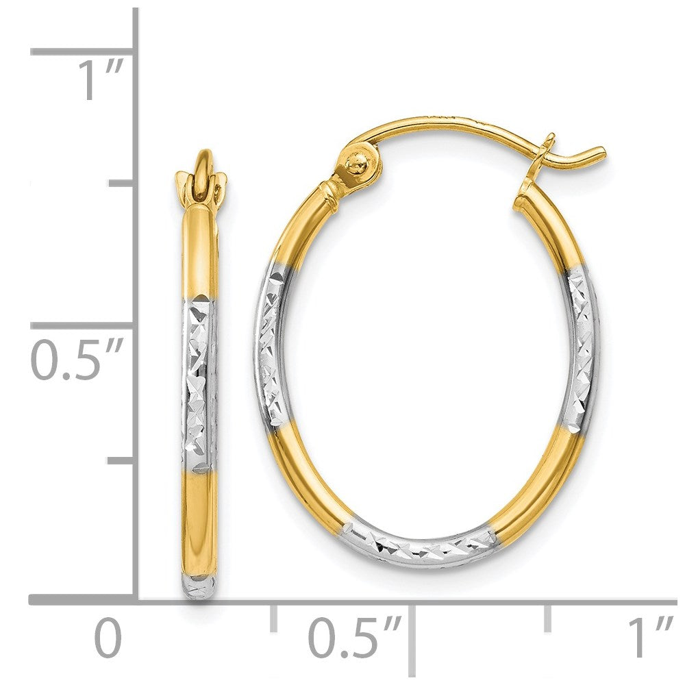 White Rhodium Diamond Cut Oval Hoop Earrings in Rhodium-Plated 14k Yellow Gold