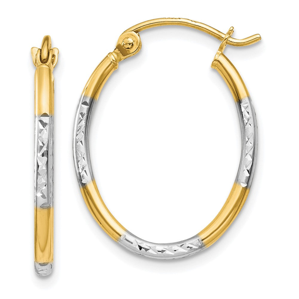 White Rhodium Diamond Cut Oval Hoop Earrings in Rhodium-Plated 14k Yellow Gold