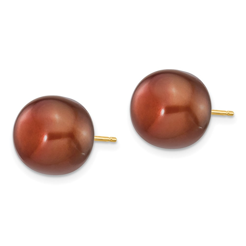11-12mm Brown Button Freshwater Cultured Pearl Stud Post Earrings in 14k Yellow Gold