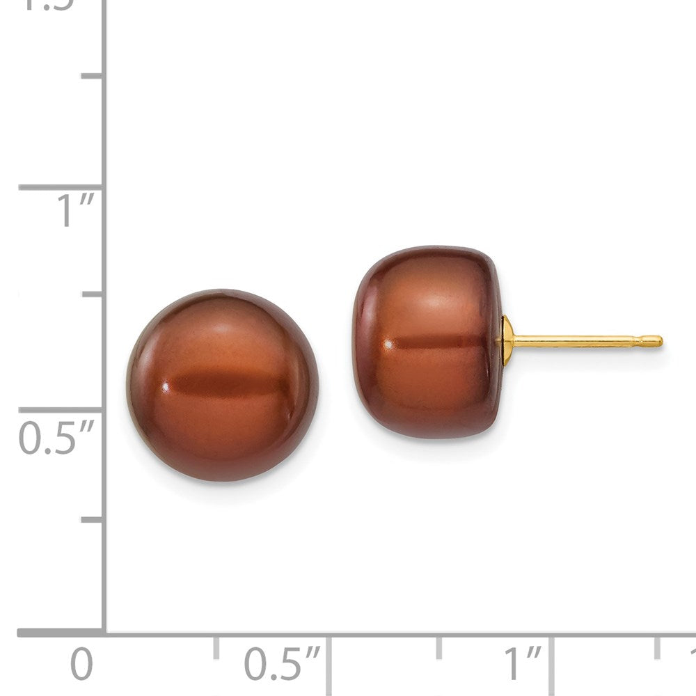 11-12mm Brown Button Freshwater Cultured Pearl Stud Post Earrings in 14k Yellow Gold