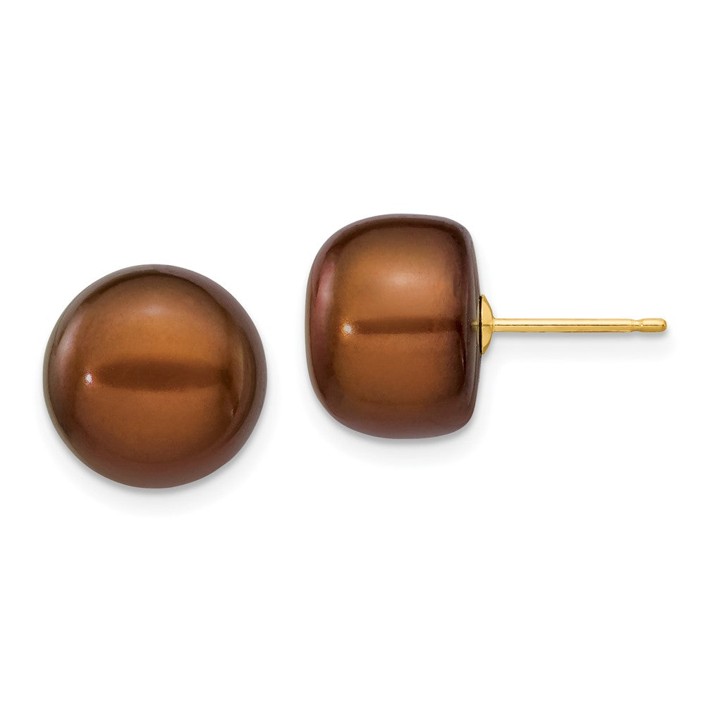 11-12mm Brown Button Freshwater Cultured Pearl Stud Post Earrings in 14k Yellow Gold