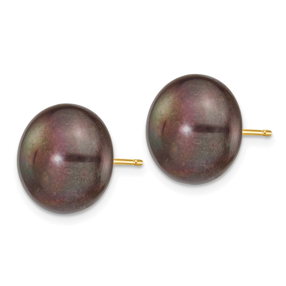 12-13mm Black Button Freshwater Cultured Pearl Stud Post Earrings in 14k Yellow Gold