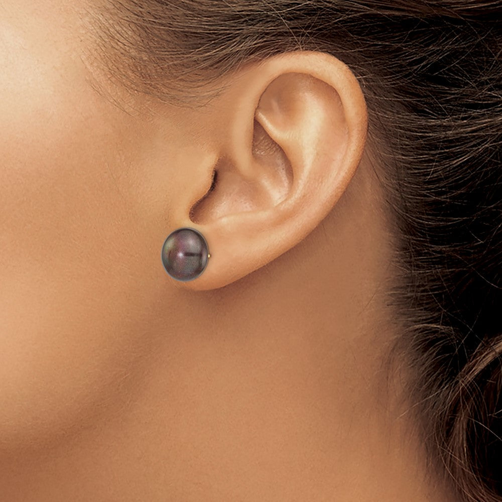 12-13mm Black Button Freshwater Cultured Pearl Stud Post Earrings in 14k Yellow Gold
