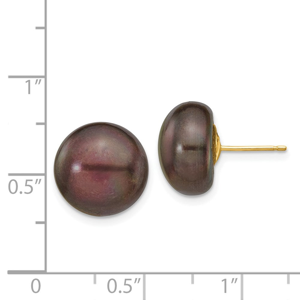 12-13mm Black Button Freshwater Cultured Pearl Stud Post Earrings in 14k Yellow Gold