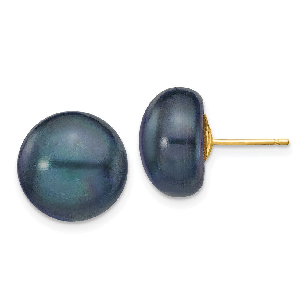 12-13mm Black Button Freshwater Cultured Pearl Stud Post Earrings in 14k Yellow Gold