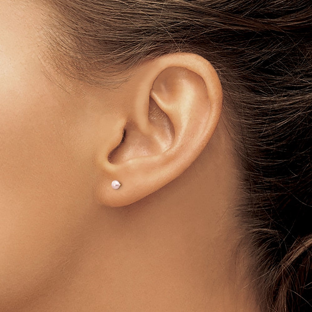 3-4mm Pink Button Freshwater Cultured Pearl Stud Post Earrings in 14k Yellow Gold
