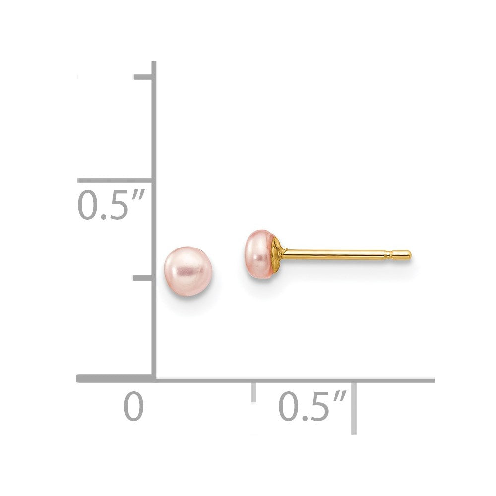 3-4mm Pink Button Freshwater Cultured Pearl Stud Post Earrings in 14k Yellow Gold