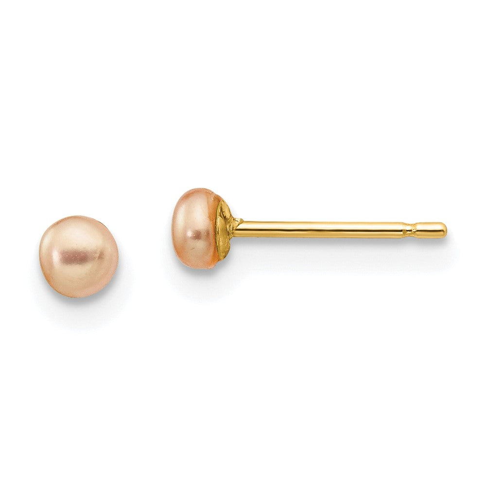 3-4mm Pink Button Freshwater Cultured Pearl Stud Post Earrings in 14k Yellow Gold