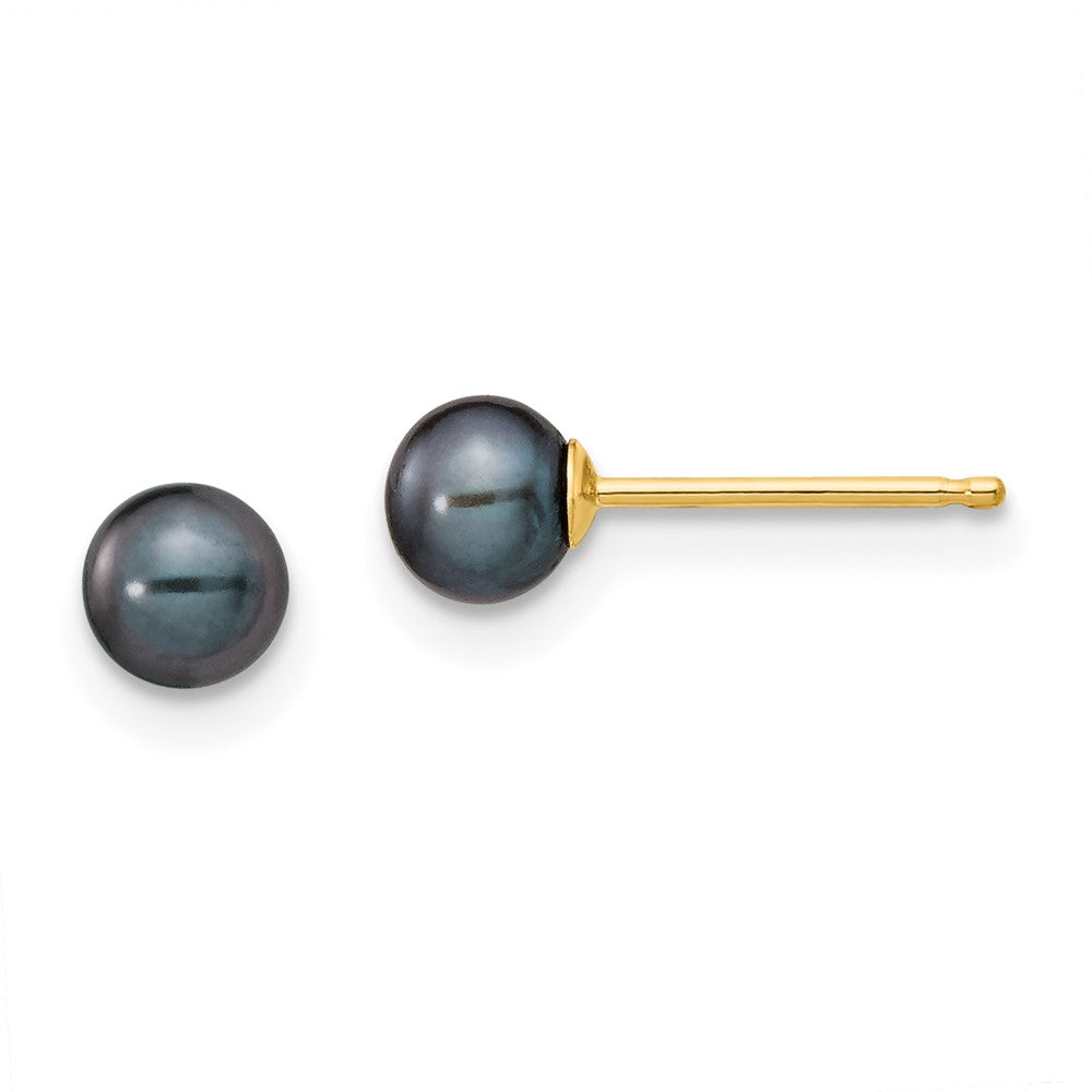 4-5mm Black Round Freshwater Cultured Pearl Stud Post Earrings in 14k Yellow Gold