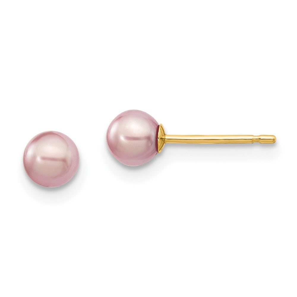 4-5mm Purple Round Freshwater Cultured Pearl Stud Post Earrings in 14k Yellow Gold
