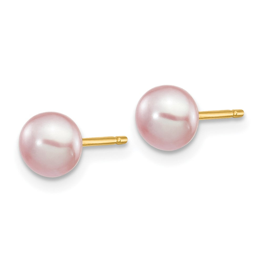 5-6mm Purple Button Freshwater Cultured Pearl Stud Post Earrings in 14k Yellow Gold
