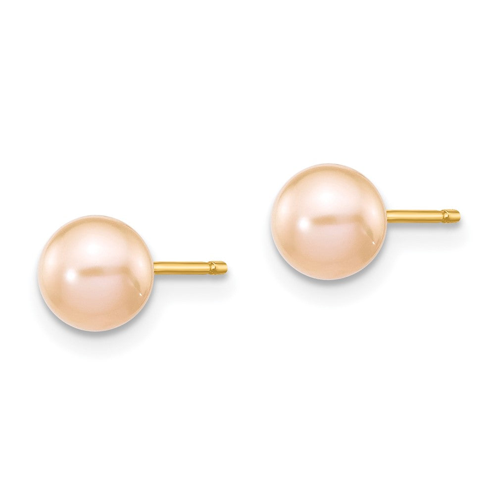 5-6mm Pink Round Freshwater Cultured Pearl Stud Post Earrings in 14k Yellow Gold