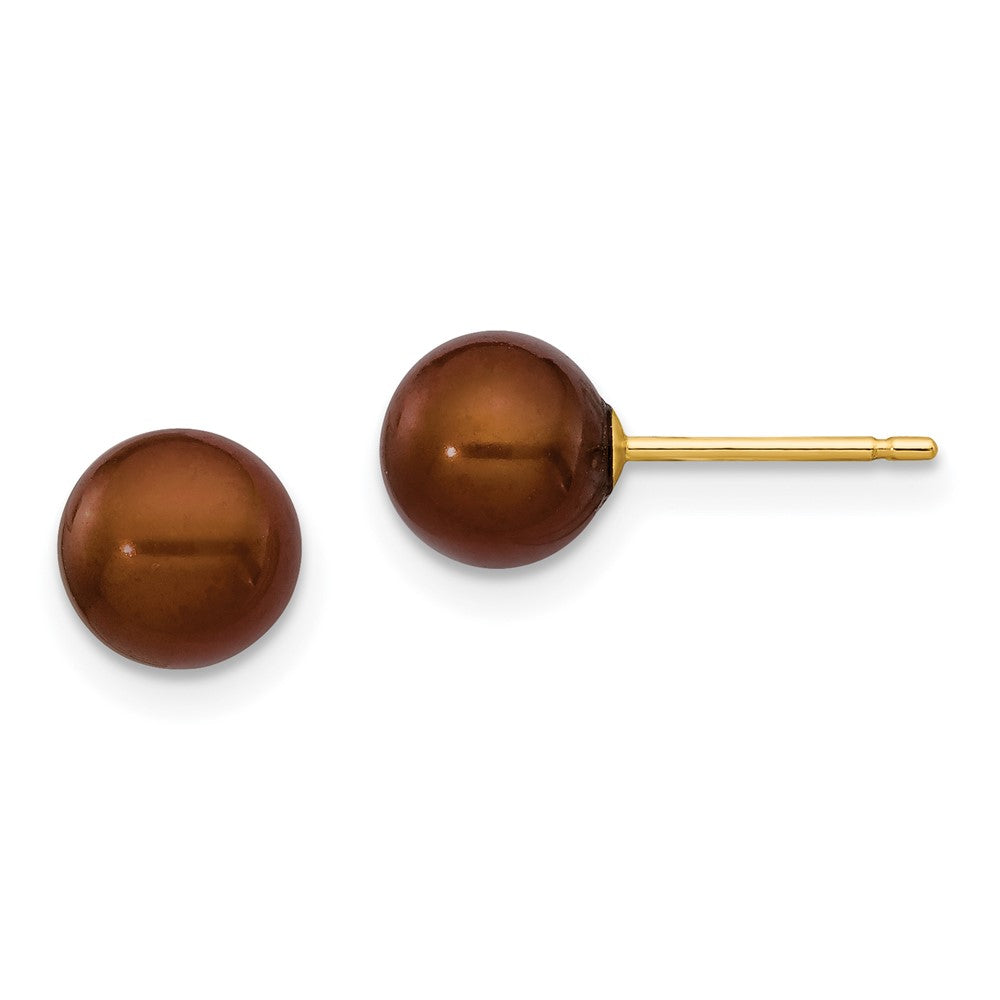 6-7mm Brown Round Freshwater Cultured Pearl Stud Post Earrings in 14k Yellow Gold