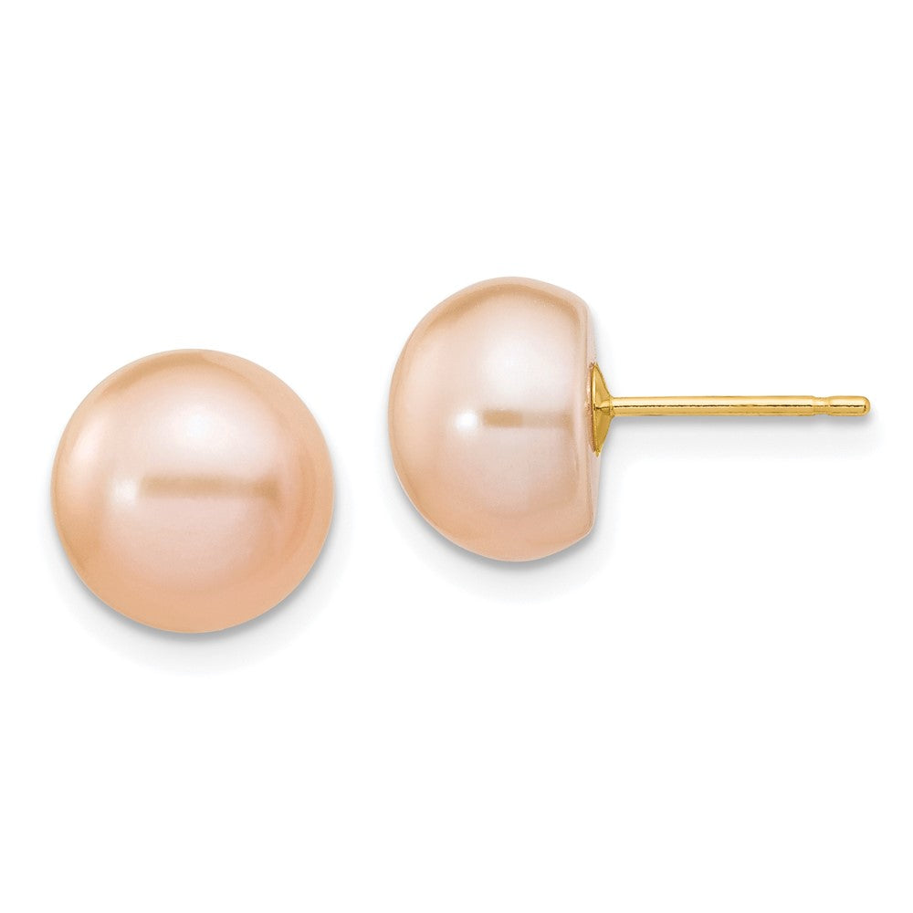 9-10mm Pink Button Freshwater Cultured Pearl Stud Post Earrings in 14k Yellow Gold