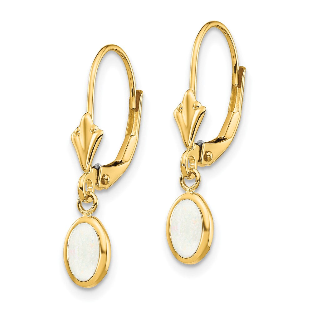 6x4 Oval Bezel October/Opal Leverback Earrings in 14k Yellow Gold