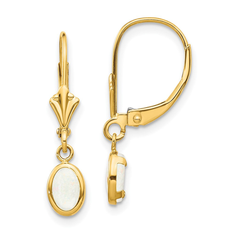 6x4 Oval Bezel October/Opal Leverback Earrings in 14k Yellow Gold