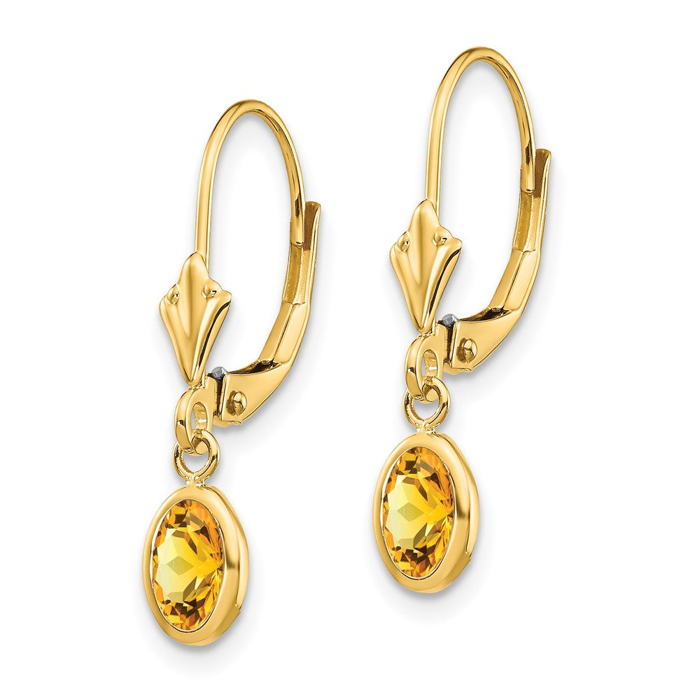 6x4 Oval Bezel November/Citrine Leverback Earrings in 14k Yellow Gold