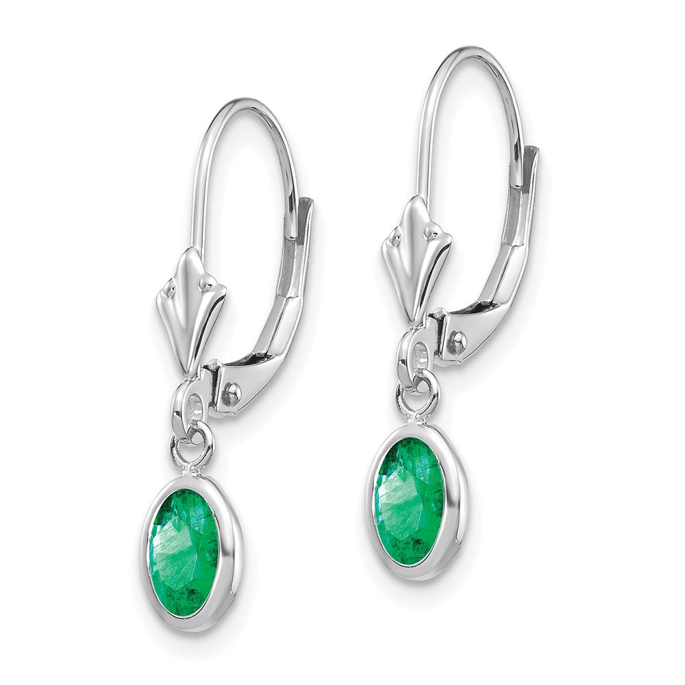 6x4 Oval Bezel May/Emerald Leverback Earrings in 14k White Gold