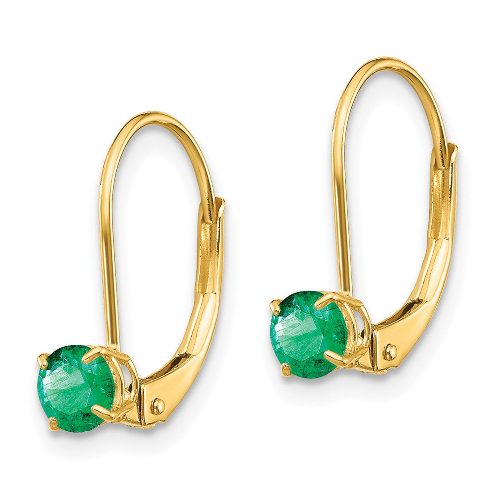4mm Round May/Emerald Leverback Earrings in 14k Yellow Gold