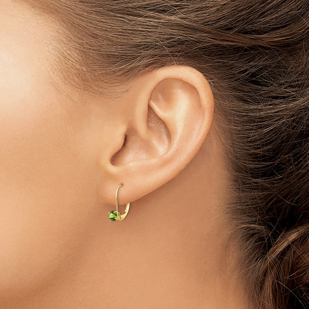 4mm Round August/Peridot Leverback Earrings in 14k Yellow Gold
