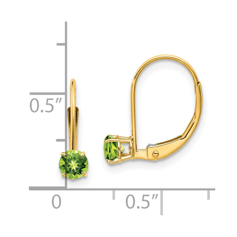 4mm Round August/Peridot Leverback Earrings in 14k Yellow Gold