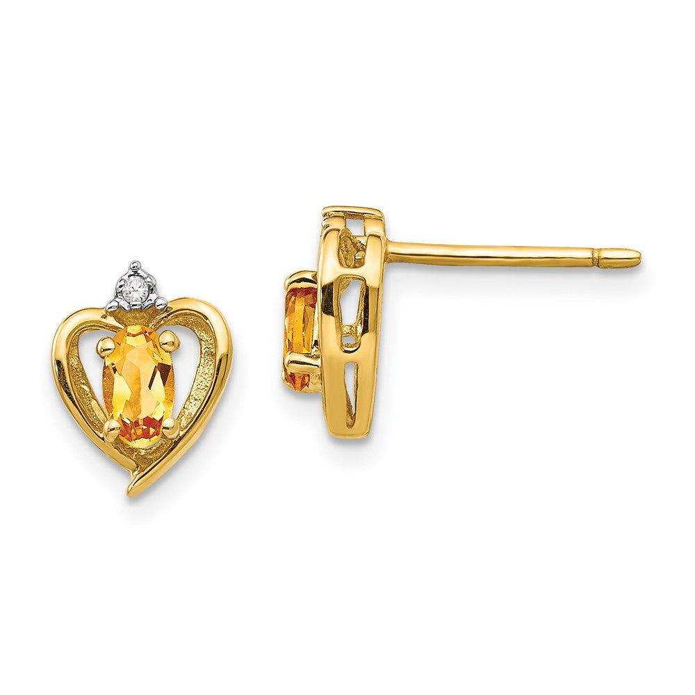 Citrine & Diamond Heart Earrings in 14k Yellow Gold