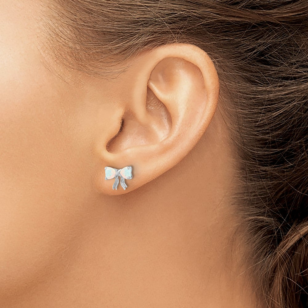 Polished Created Opal Bow Post Earrings in 14k White Gold