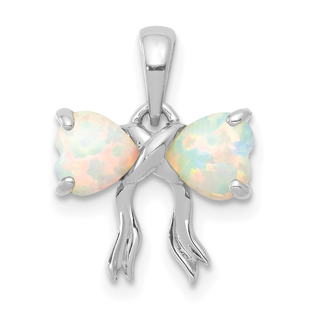 White Polished Created Opal Bow Pendant in 14k White Gold