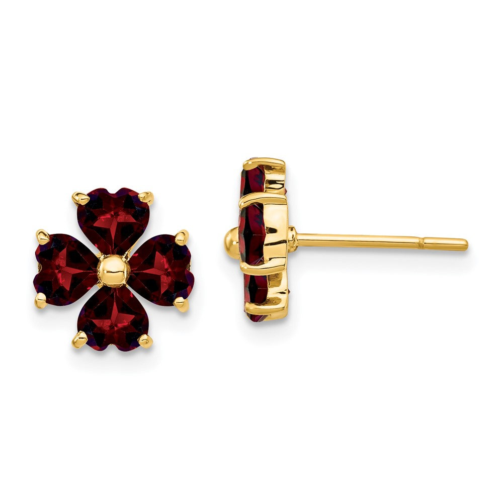 Heart-shaped Garnet Flower Post Earrings in 14k Yellow Gold