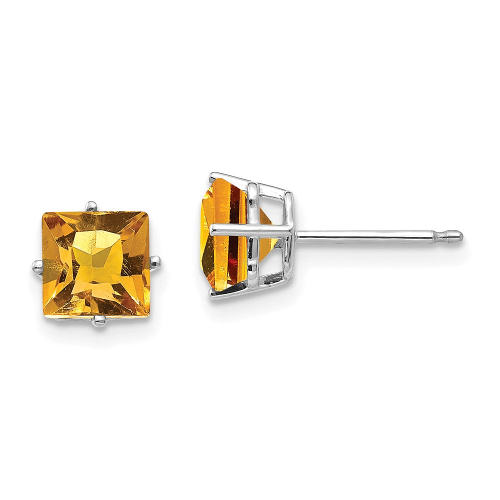 6mm Princess Cut Citrine Earrings in 14k White Gold