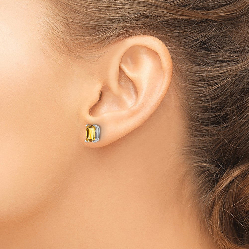 7x5mm Emerald Cut Citrine Earrings in 14k White Gold
