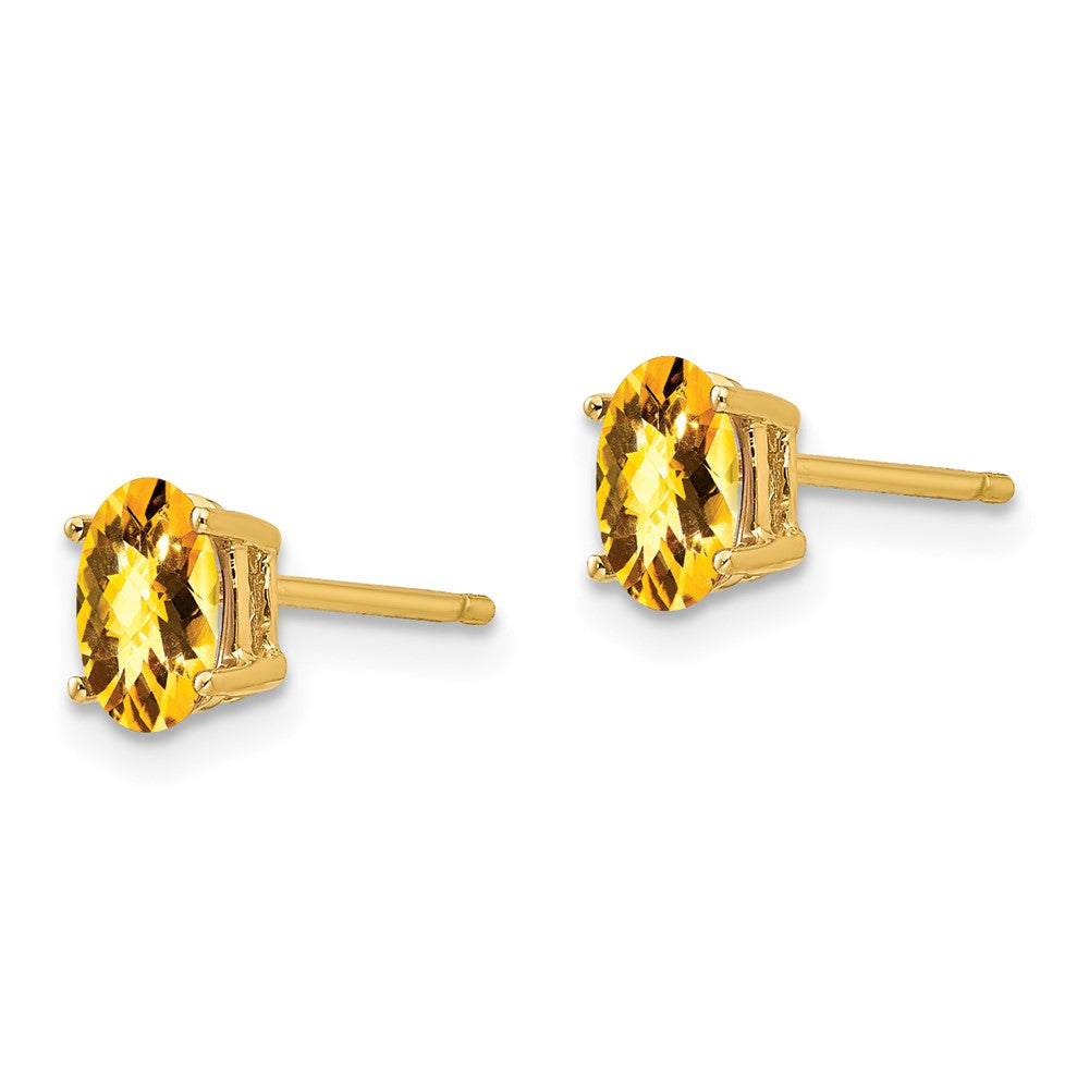 6x4mm Oval Citrine Checker Earrings in 14k Yellow Gold