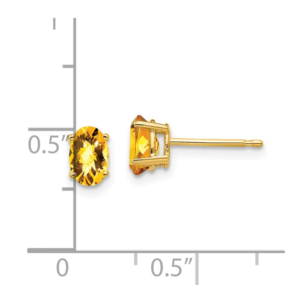 6x4mm Oval Citrine Checker Earrings in 14k Yellow Gold