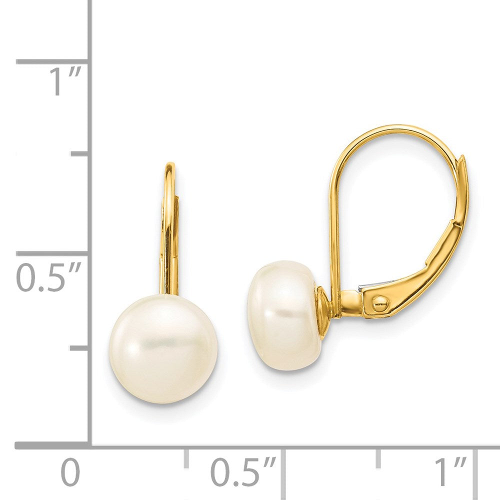 7-8mm White Button Freshwater Cultured Pearl Leverback Earrings in 14k Yellow Gold