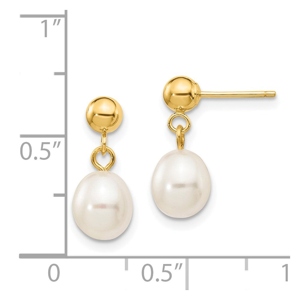 6-7mm White Rice Freshwater Cultured Pearl Dangle Post Earrings in 14k Yellow Gold