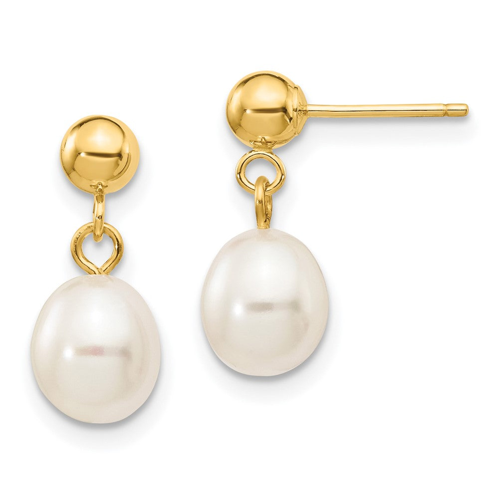 6-7mm White Rice Freshwater Cultured Pearl Dangle Post Earrings in 14k Yellow Gold