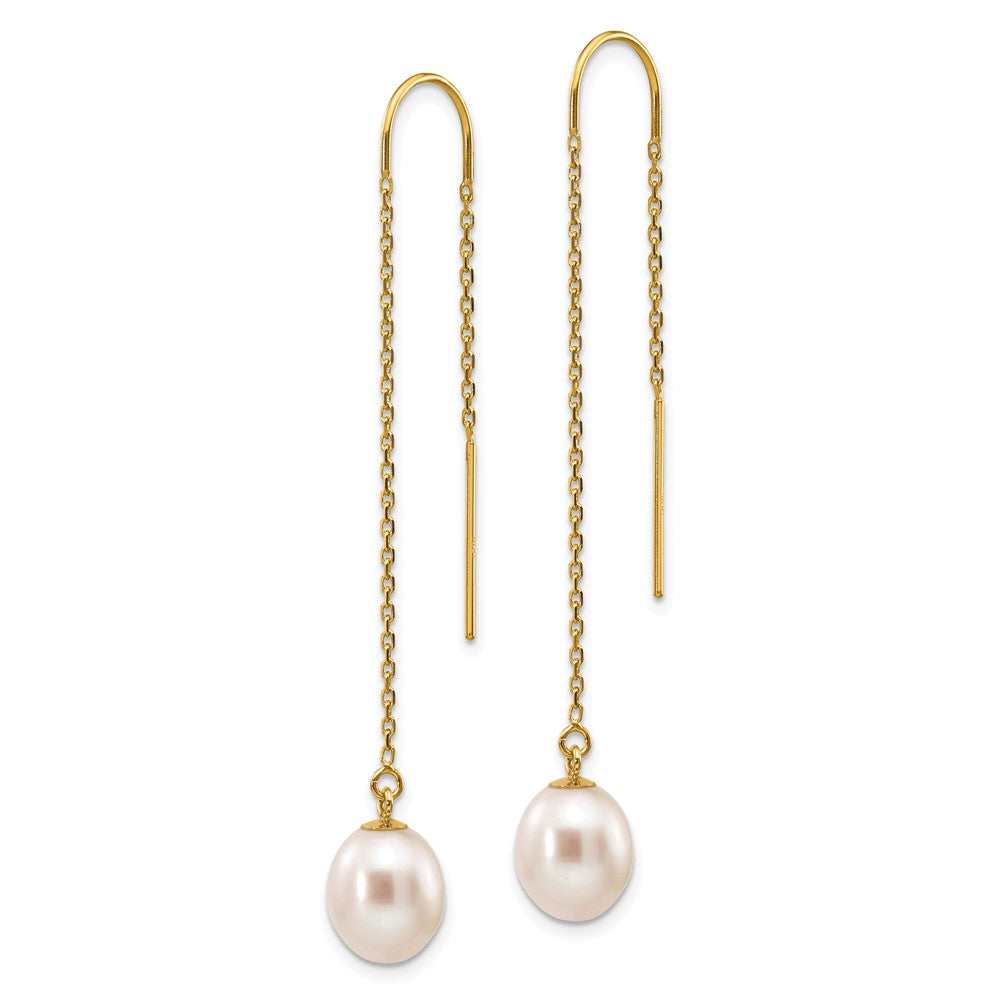 7-8mm White Rice Freshwater Cultured Pearl Dangle Threader Earrings in 14k Yellow Gold