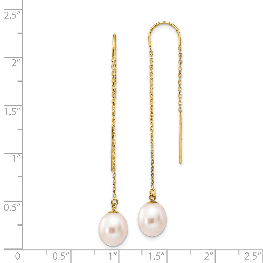 7-8mm White Rice Freshwater Cultured Pearl Dangle Threader Earrings in 14k Yellow Gold
