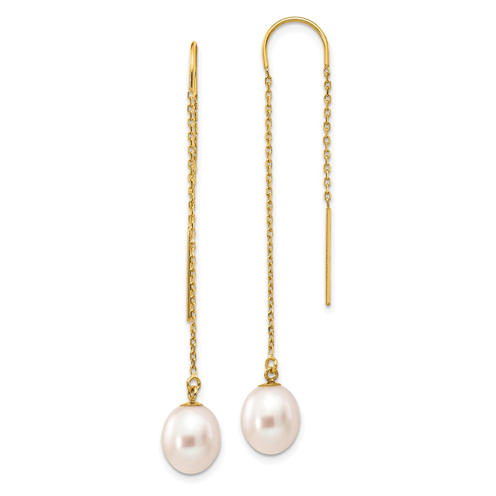 7-8mm White Rice Freshwater Cultured Pearl Dangle Threader Earrings in 14k Yellow Gold