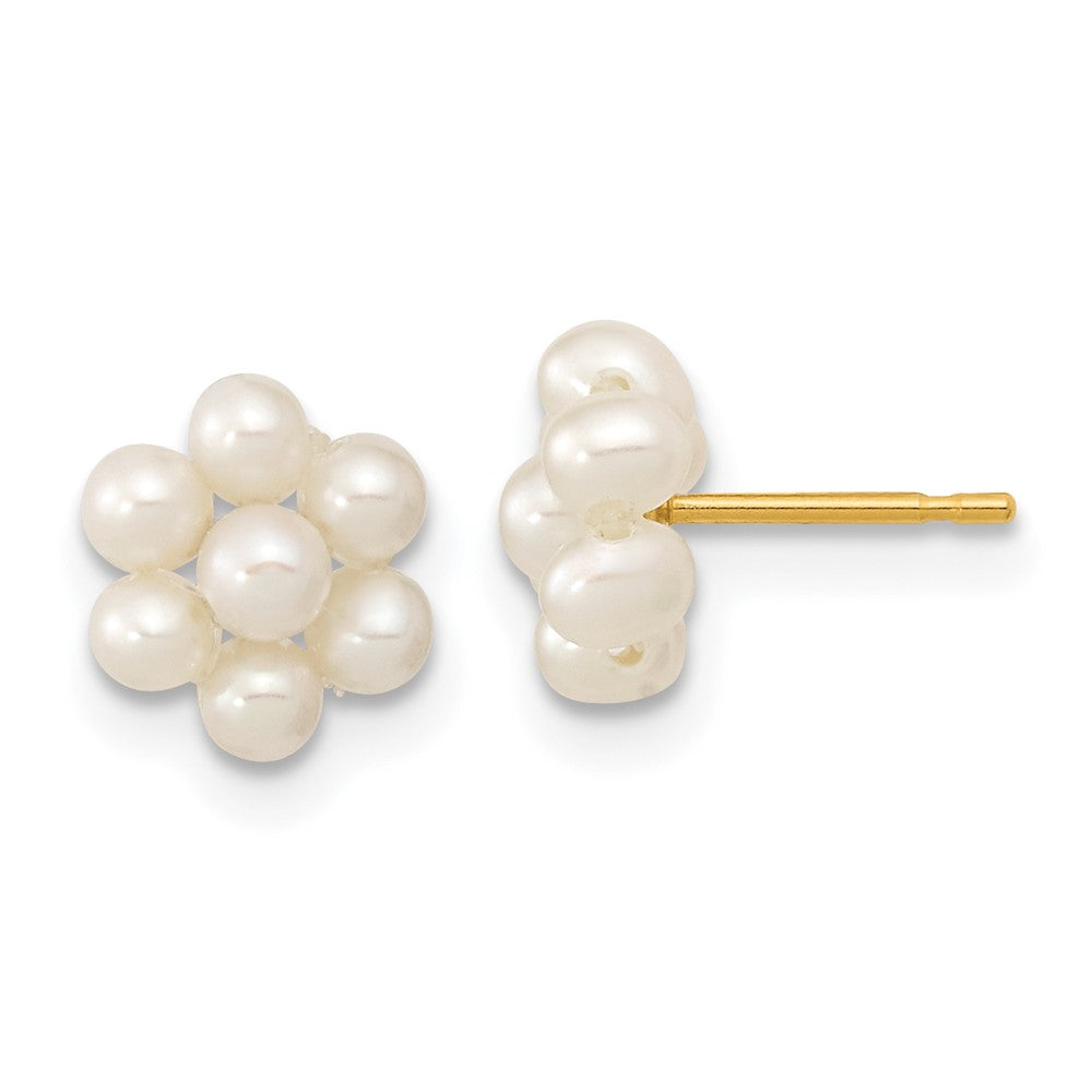 2-3mm White Button Freshwater Cultured Pearl Flower Earrings in 14k Yellow Gold