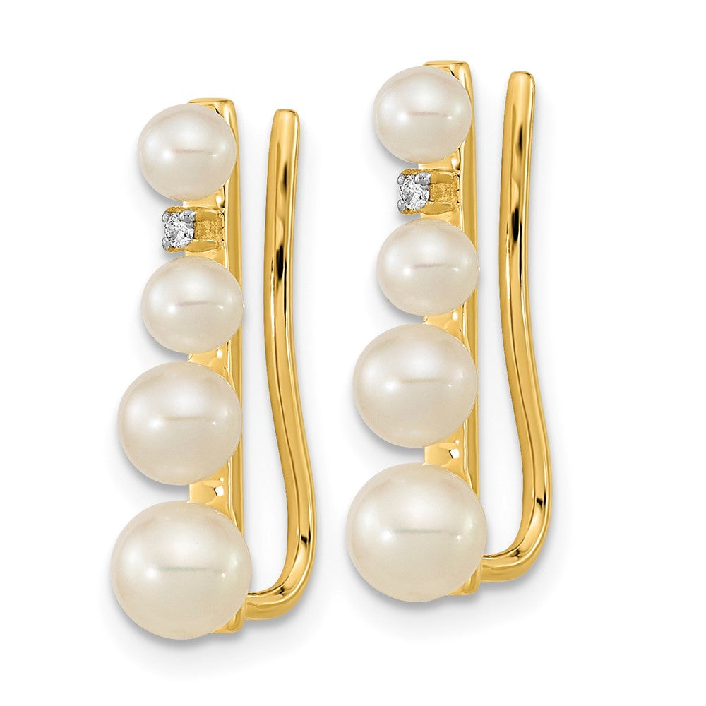 3-5mm Freshwater Cultured Pearl .016ct Diamond Ear Climber Earrings in 14k Yellow Gold