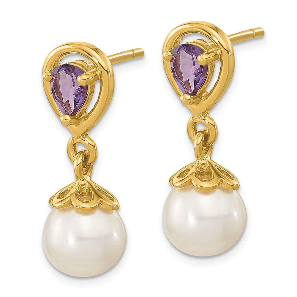 6-7mm White Round Freshwater Cultured Pearl Amethyst Post Dangle Earrings in 14k Yellow Gold