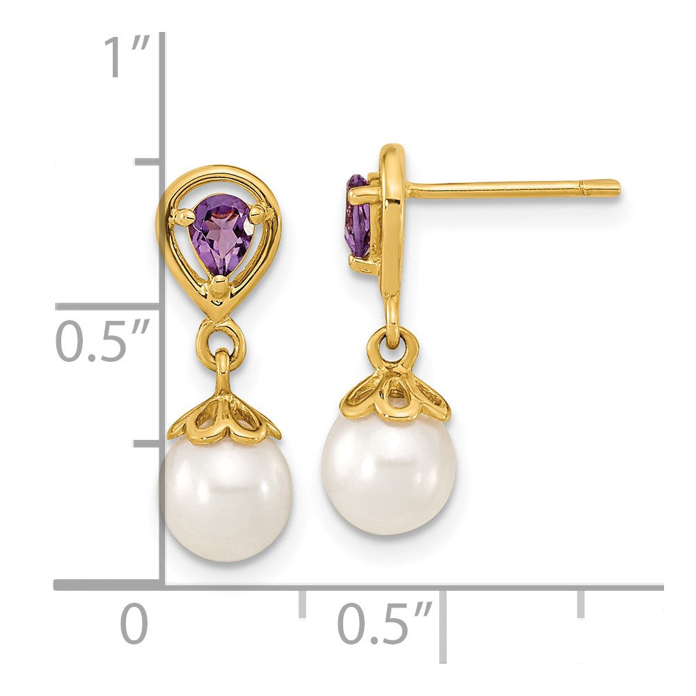 6-7mm White Round Freshwater Cultured Pearl Amethyst Post Dangle Earrings in 14k Yellow Gold