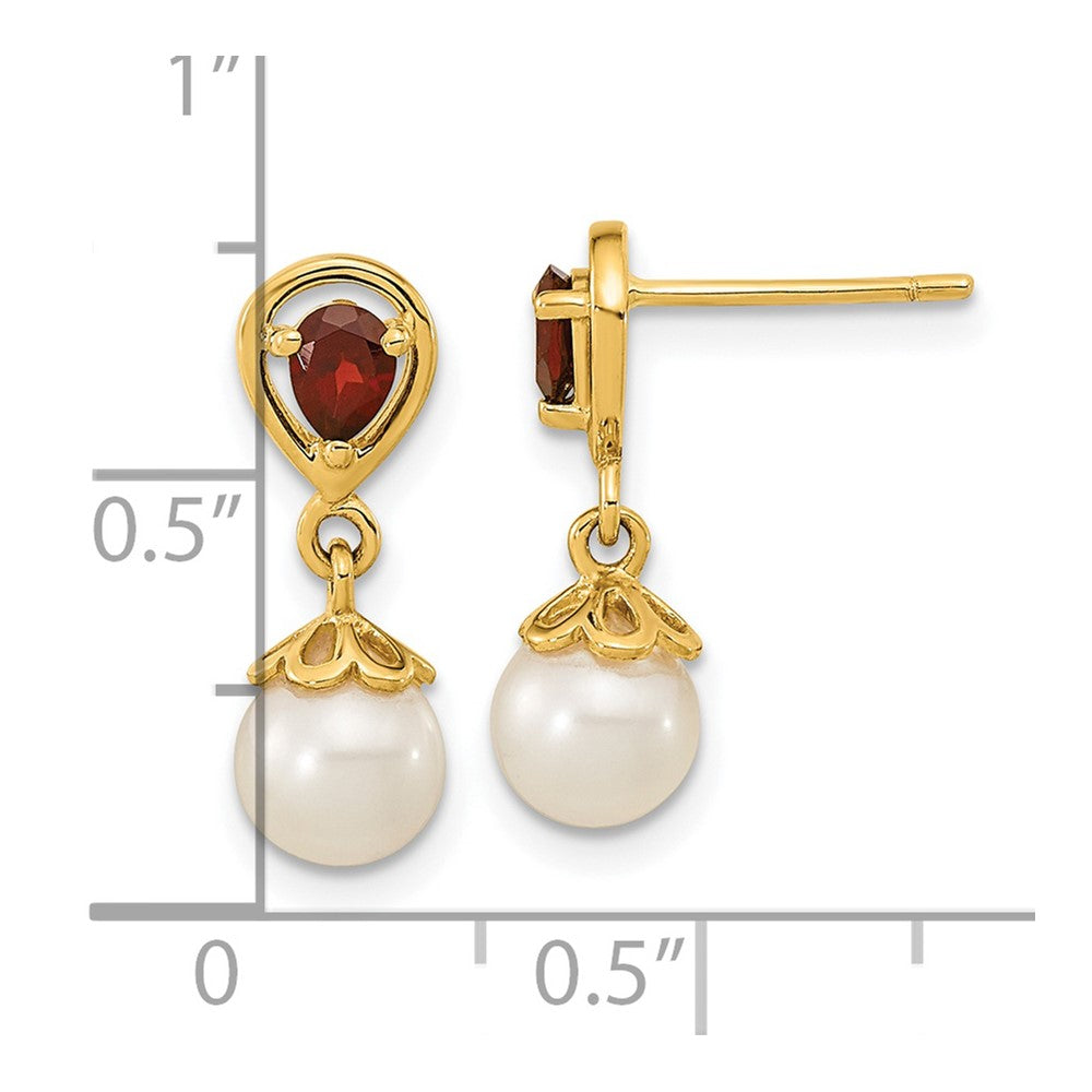 6-7mm Freshwater Cultured Pearl Mozambique Garnet Dangle Post Earrings in 14k Yellow Gold