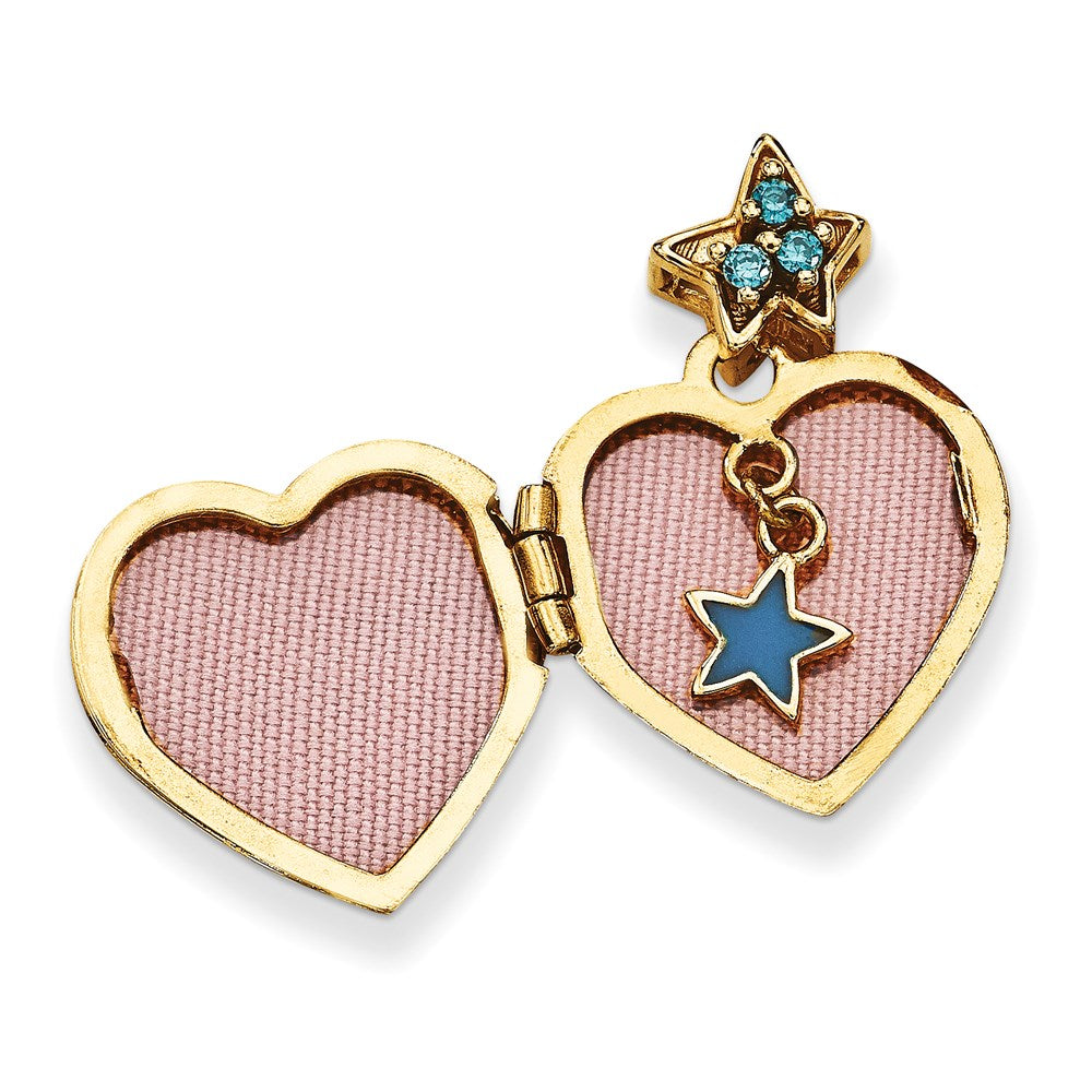 Blue CZ Make a Wish (Charm Inside Locket) 15mm Heart Locket in 14k Yellow Gold