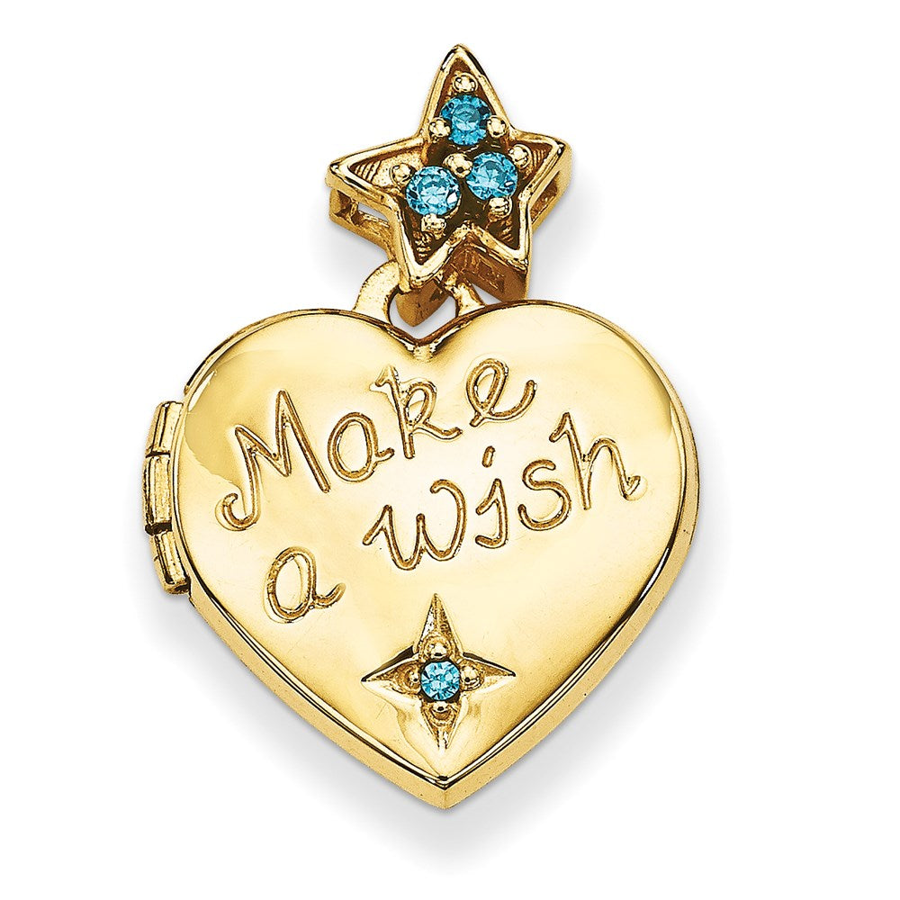Blue CZ Make a Wish (Charm Inside Locket) 15mm Heart Locket in 14k Yellow Gold