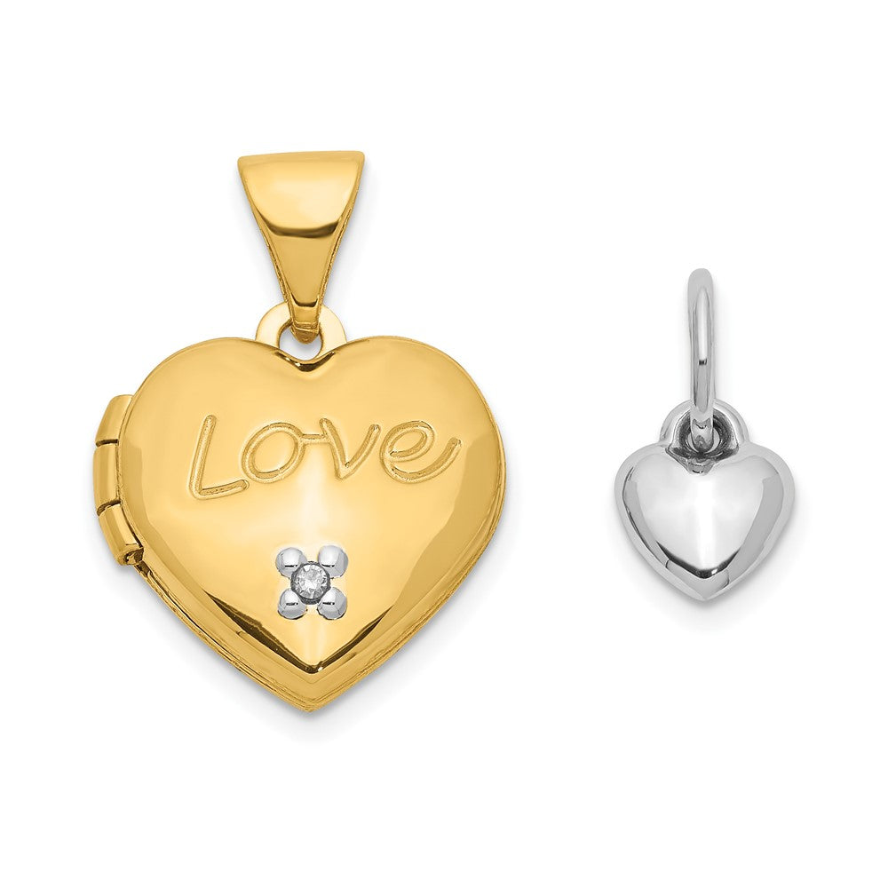 Two-toned 12mm Diamond LOVE w/ Heart Charm Heart Locket in 14k Yellow & White Gold